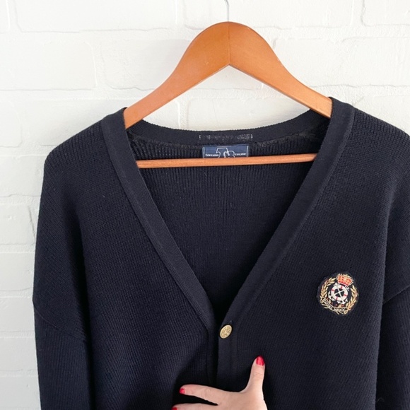 Vintage 70s men’s knit Cardigan Academia School prep Varsity Wool Navy blue L - Picture 11 of 16